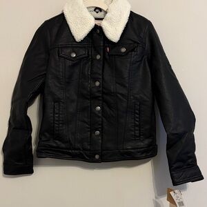 Levi's Women's Black Leather-Look Jacket with White Sherpa Collar